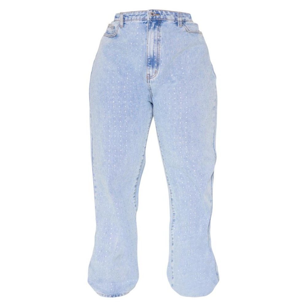 PLUS LIGHT BLUE WASH SCATTERED DIAMANTE DETAIL WIDE LEG JEANS​​​
